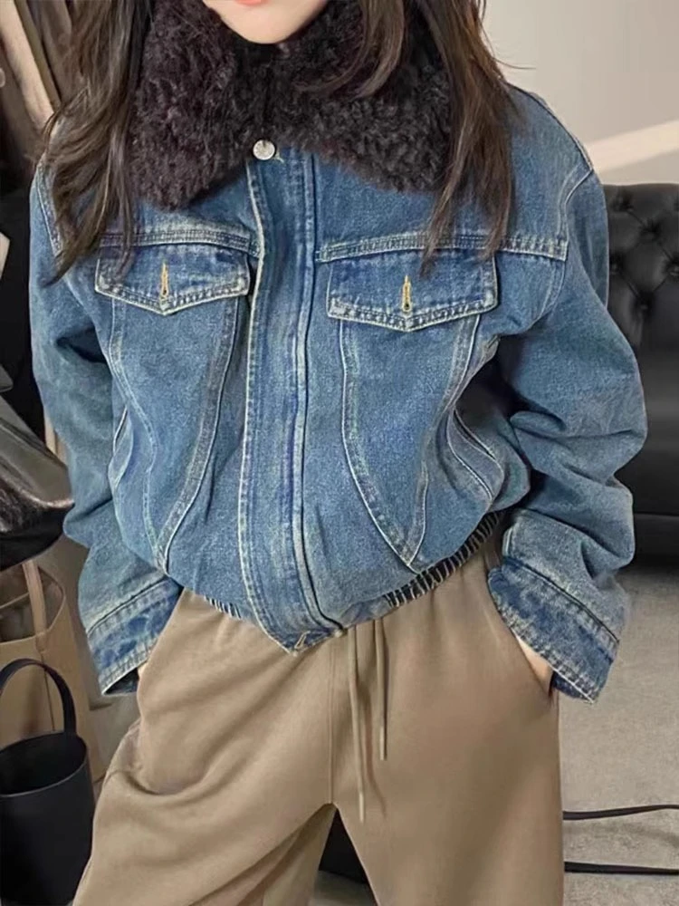 港风复古羊羔绒翻领牛仔外套女冬季洋气百搭轻奢保暖短款夹克上衣