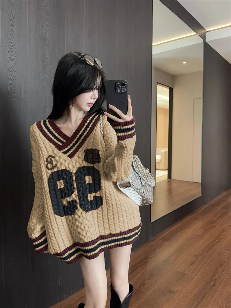 麻花V领小众毛衣针织衫百搭秋冬爆款条纹新款宽松慵懒风外穿上衣