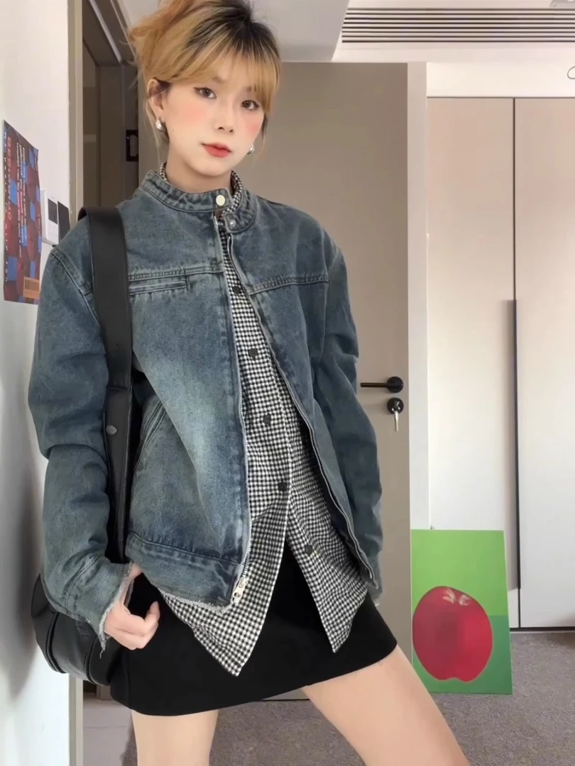 美式做旧牛仔长袖外套女秋冬复古宽松显瘦春秋外搭开衫夹克上衣