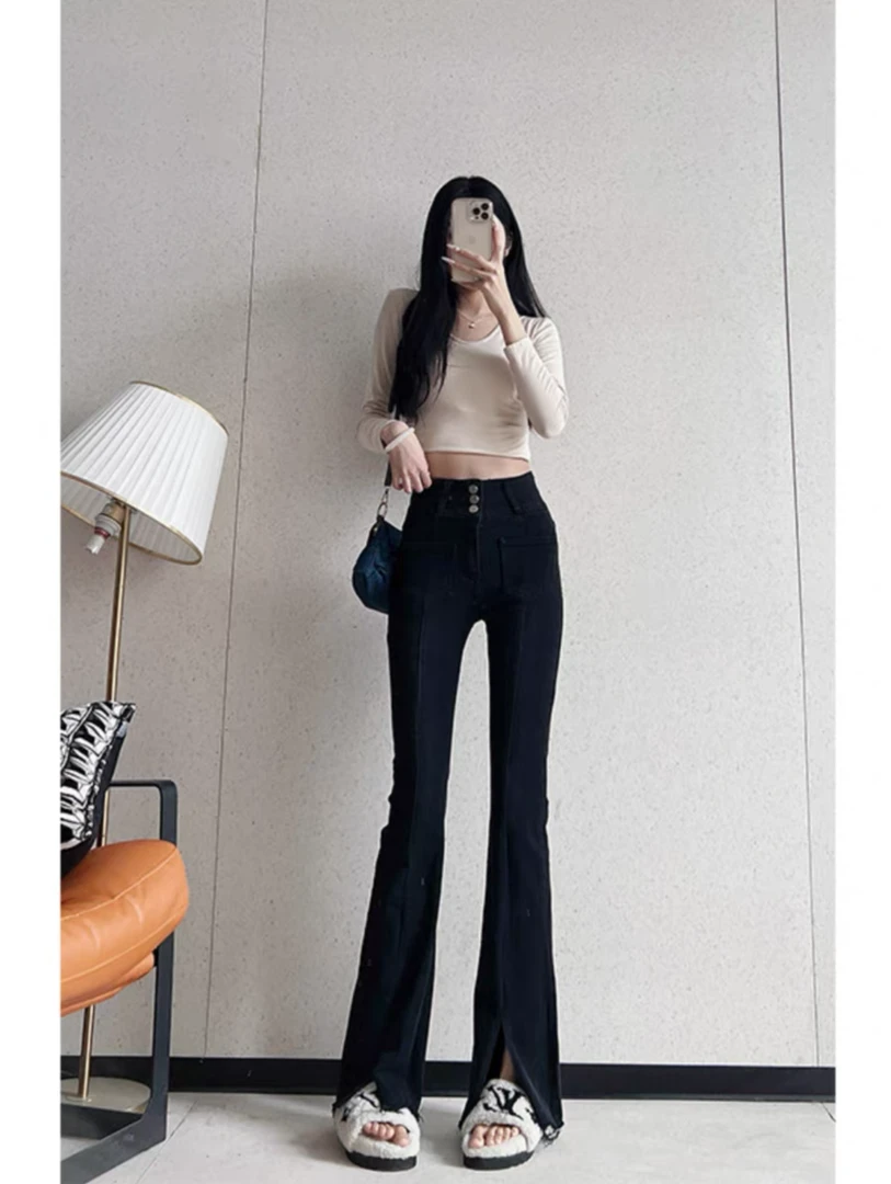 黑色马蹄裤女秋季高腰修身显瘦弹力2024新款开叉微喇牛仔裤10353
