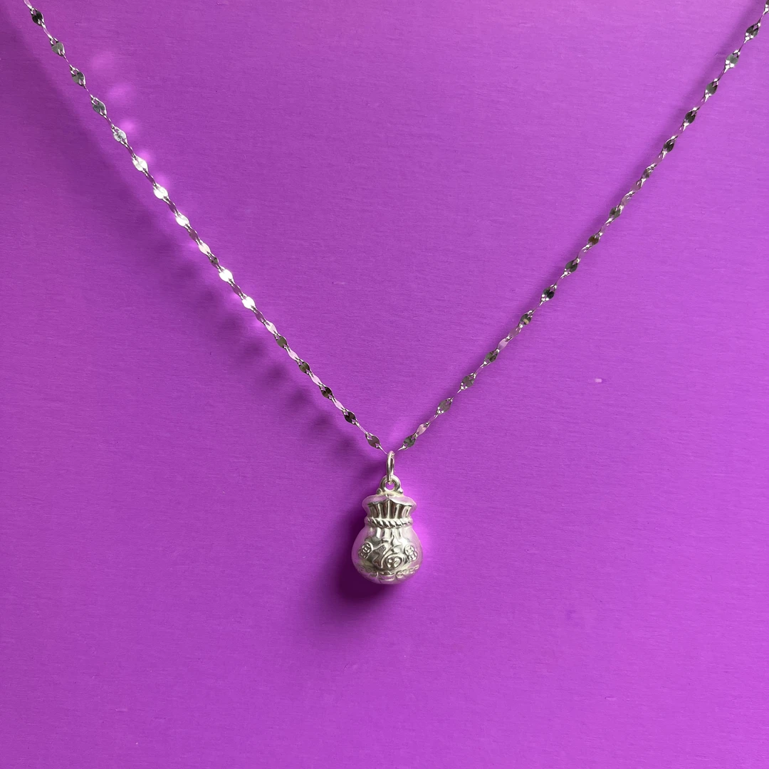 坠链均足银 50厘米嘴唇链9999纯银项链+加厚加大福字钱袋子吊坠女