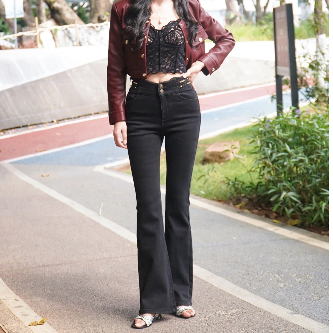 ES土耳其火山绒高腰加绒微喇牛仔裤新款高腰微喇牛仔裤牛仔裤