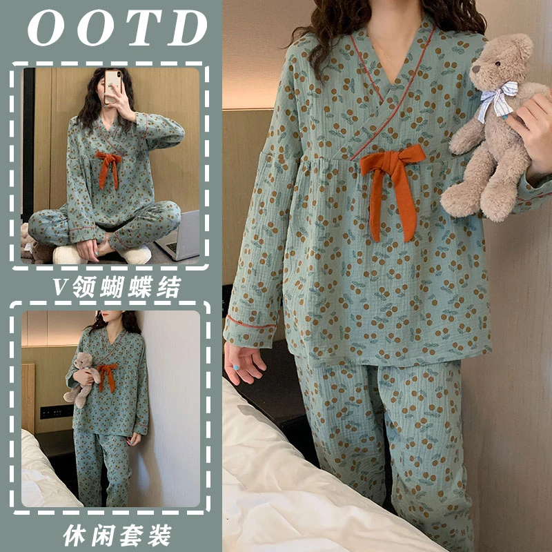 V领睡衣女春秋季2024新款甜美蝴蝶结碎花薄款韩版长袖家居服套装