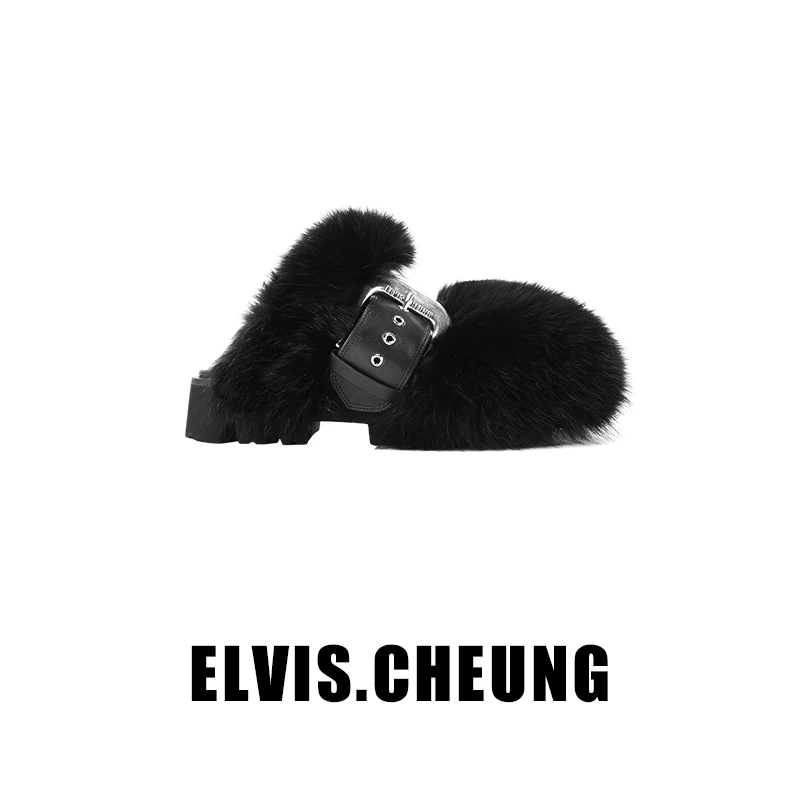 ELVIS.CHEUNG设计师款金属扣高级时尚狐狸毛拖鞋*达人
