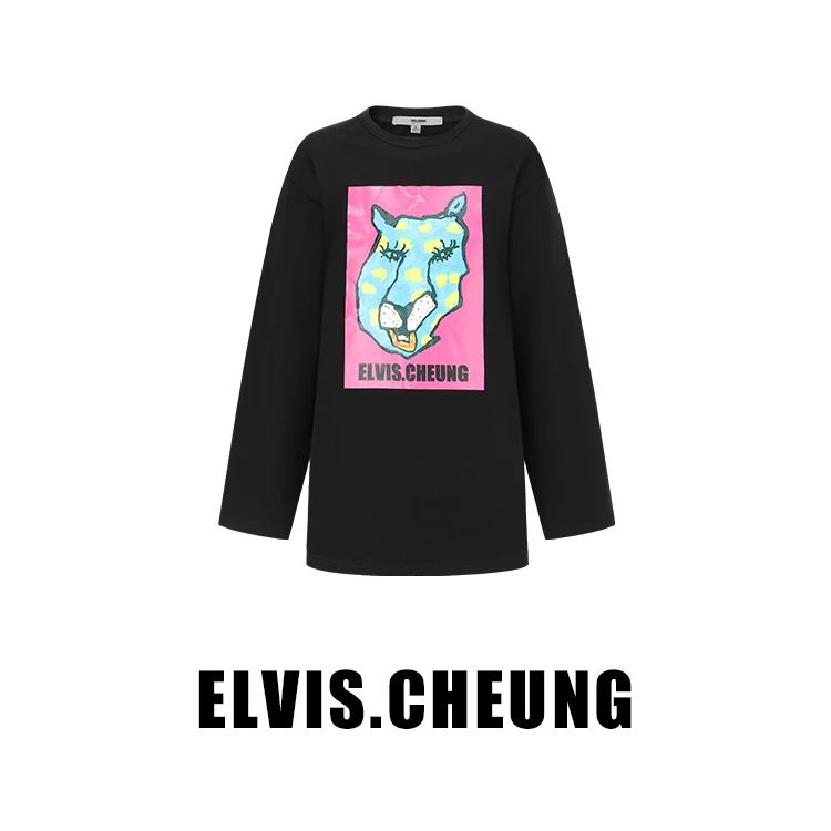 蒋云開運22春夏黑底玫红豹头印花中性圆领宽松卫衣