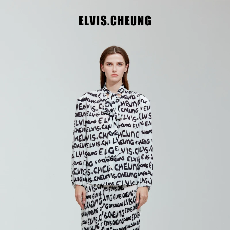 ELVIS.CHEUNG23春夏黑白雪纺LOGO印花大领结衬衫*达人