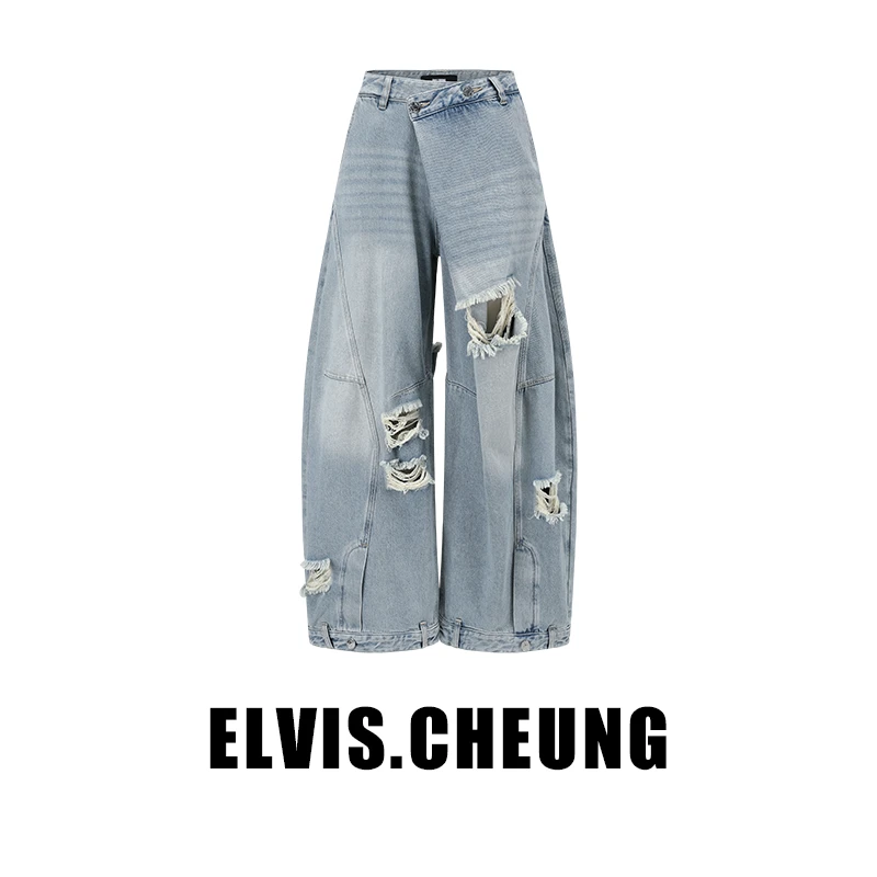 ELVIS.CHEUNG蒋云開運24秋冬新品矿石灰破洞牛仔分割造型牛仔裤