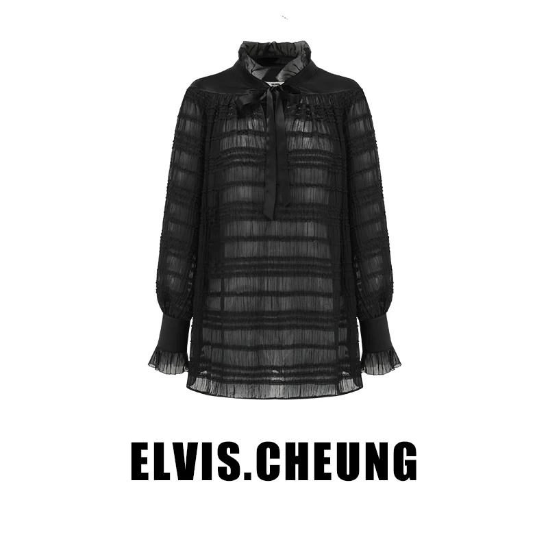 ELVIS.CHEUNG优雅花边雪纺v领宽松套头衬衫荷叶边衬衣女原创设计