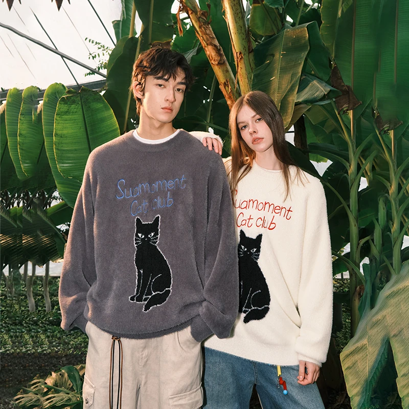 SuaMoment猫咪提花仿貂毛圆领毛衣男女慵懒风休闲宽松情侣针织衫