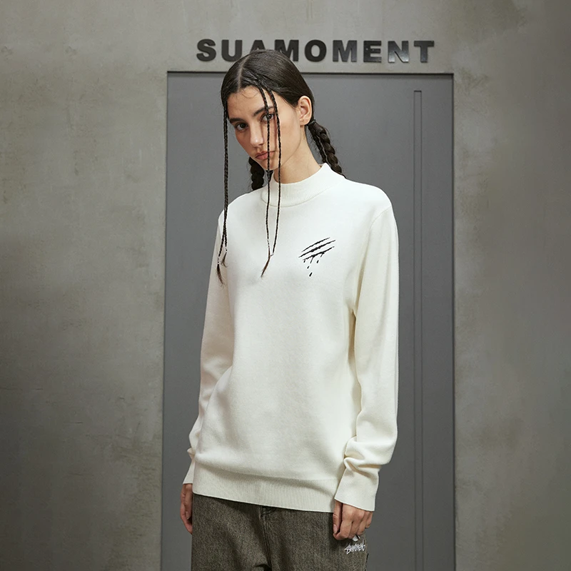 SuaMoment【官方专享】抓痕基础刺绣半高领毛衣宽松户外打底衫保暖