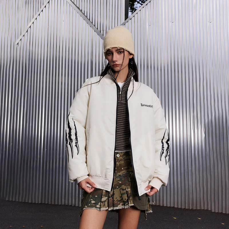 SuaMoment抓痕哥特字体印花夹克棉服男美式潮牌休闲情侣外套上衣