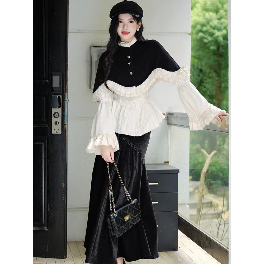 气质时尚套装2024秋冬新款高级女装气质毛呢斗篷鱼尾半裙显瘦复古