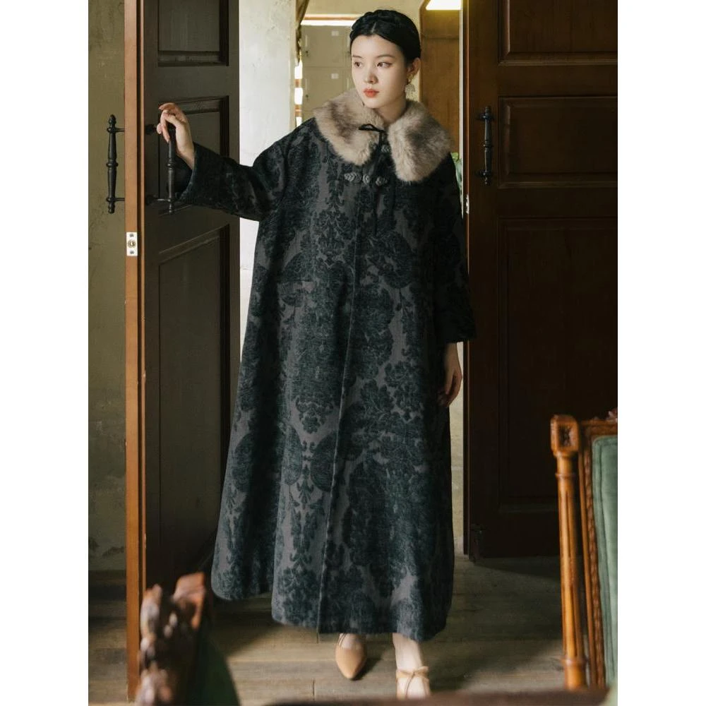 巴赫乌云赤狐毛领棉麻提花大衣2023毛呢厚实冬季加厚毛呢大衣820