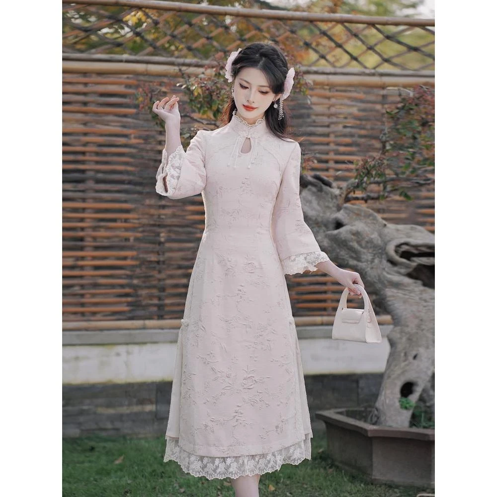 2024春中国风蕾丝气质复古日常新中式改良旗袍甜美长袖连衣裙6689
