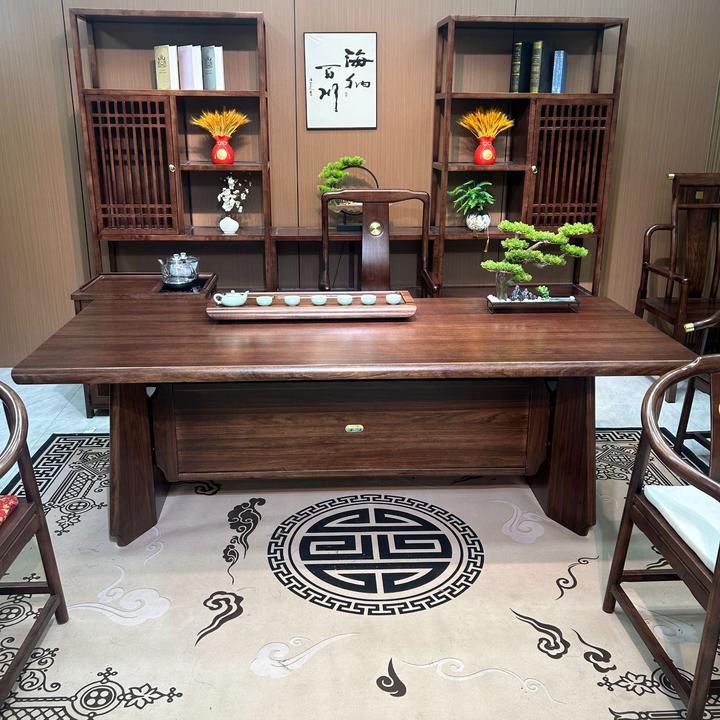 新中式书房古典简约乌金木大板实用禅意办公室家用泡茶桌茶台