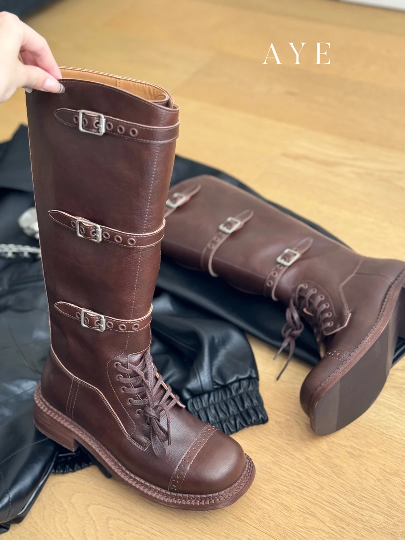 【AYE】24SS｜复古擦色做旧方头英伦风厚底骑士靴｜百搭休闲系带长靴