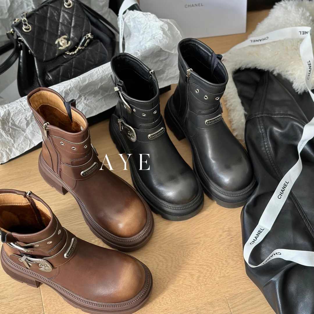 【AYE】23新款｜设计感大牌风做旧擦色时装靴｜厚底6公分定制短靴加绒
