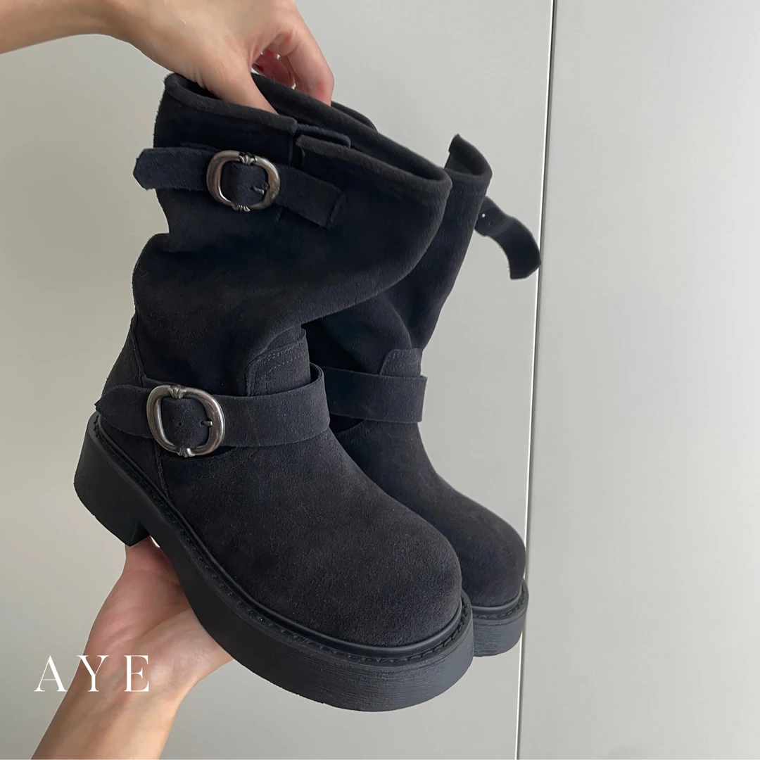 【AYE】24SS｜圆头复古厚底搭扣机车风堆堆短靴｜英伦百搭休闲风靴子