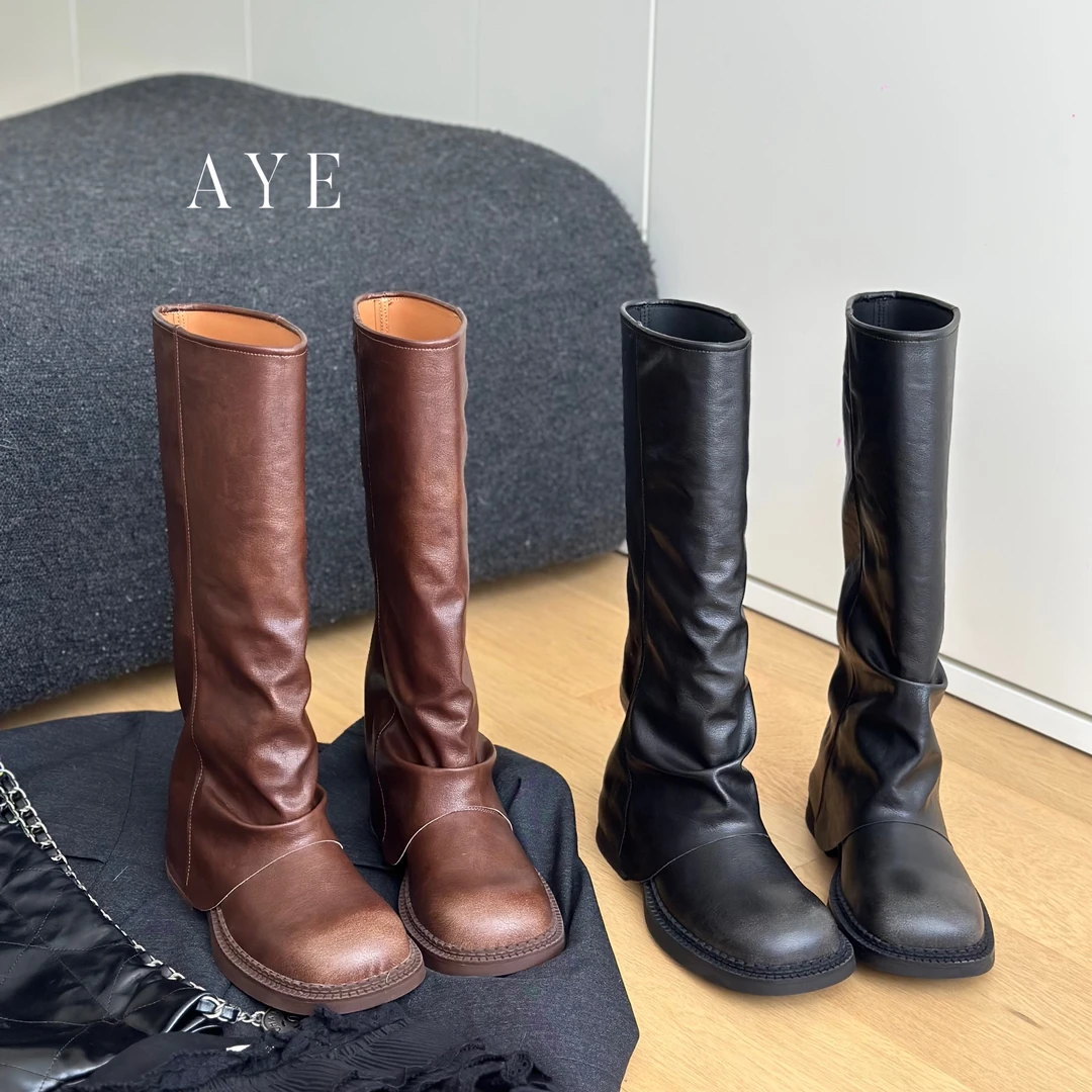 【AYE】25SS｜显瘦百搭褶皱平底骑士高筒靴｜堆堆靴机车褶皱拖地靴