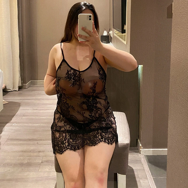 情趣内衣大码胖mm激情骚透视女黑色透明镂空露肩睡衣吊带睡裙