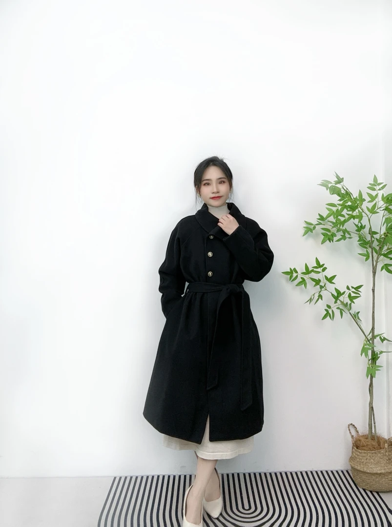 《1290》呢子大衣女秋冬季新款韩系小个子中长款气质系带毛呢外套