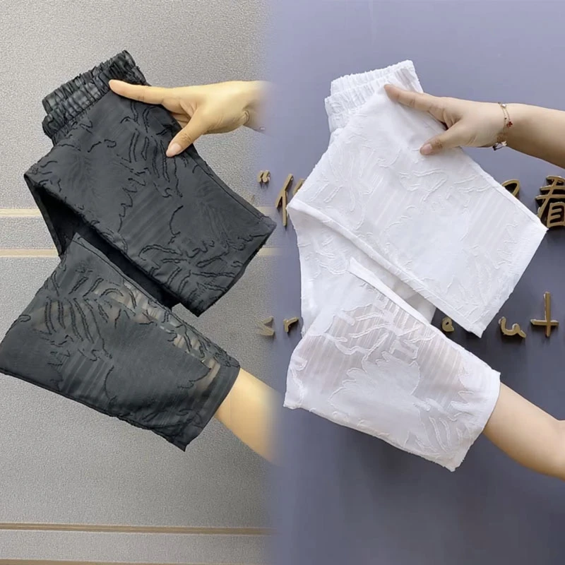 欧货夏薄款蕾丝镂空提花直筒裤纯色高腰显瘦八分空调裤烟管裤女潮