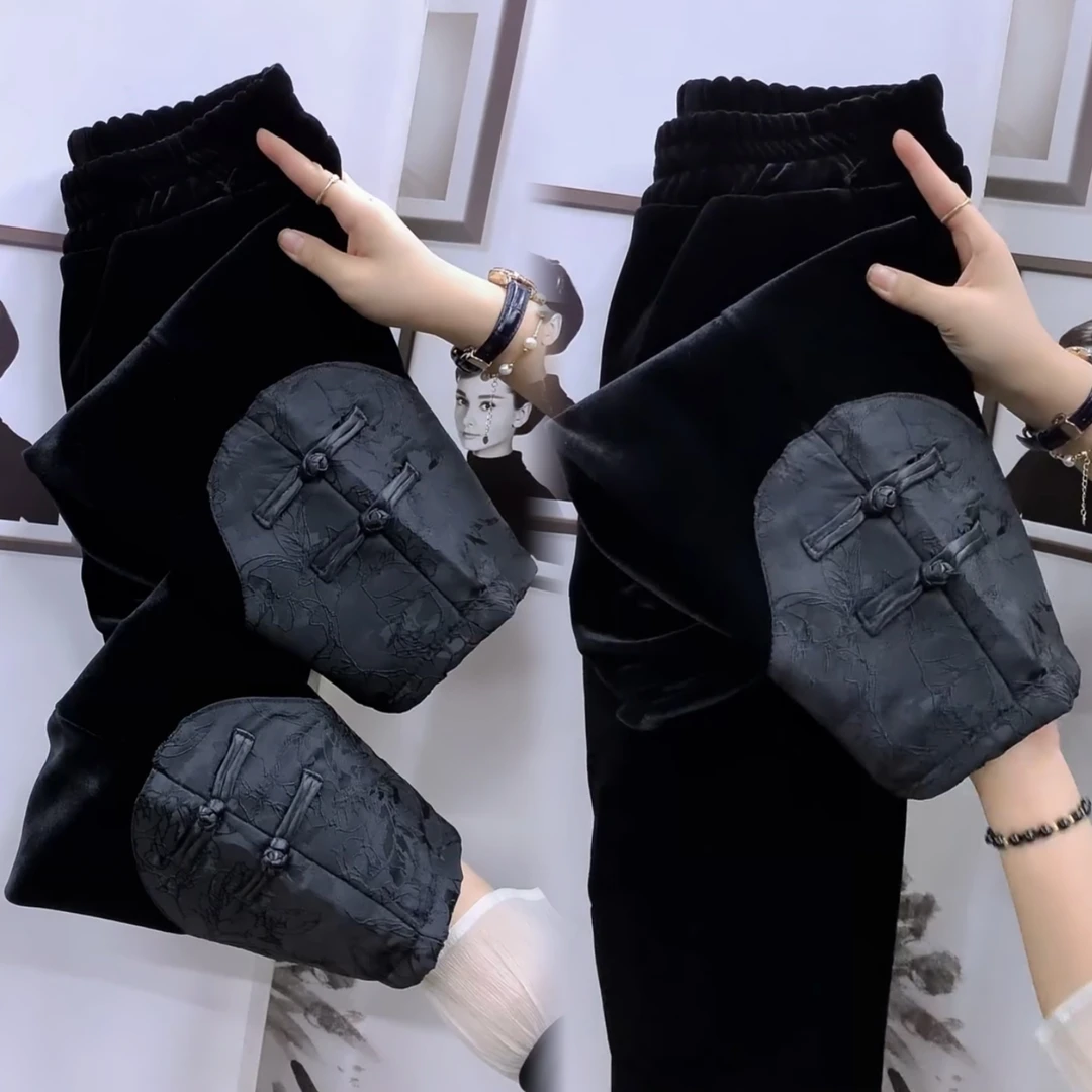 中国风复古盘扣拼接丝绒直筒裤女秋冬新款修身显瘦宽松九分烟管裤