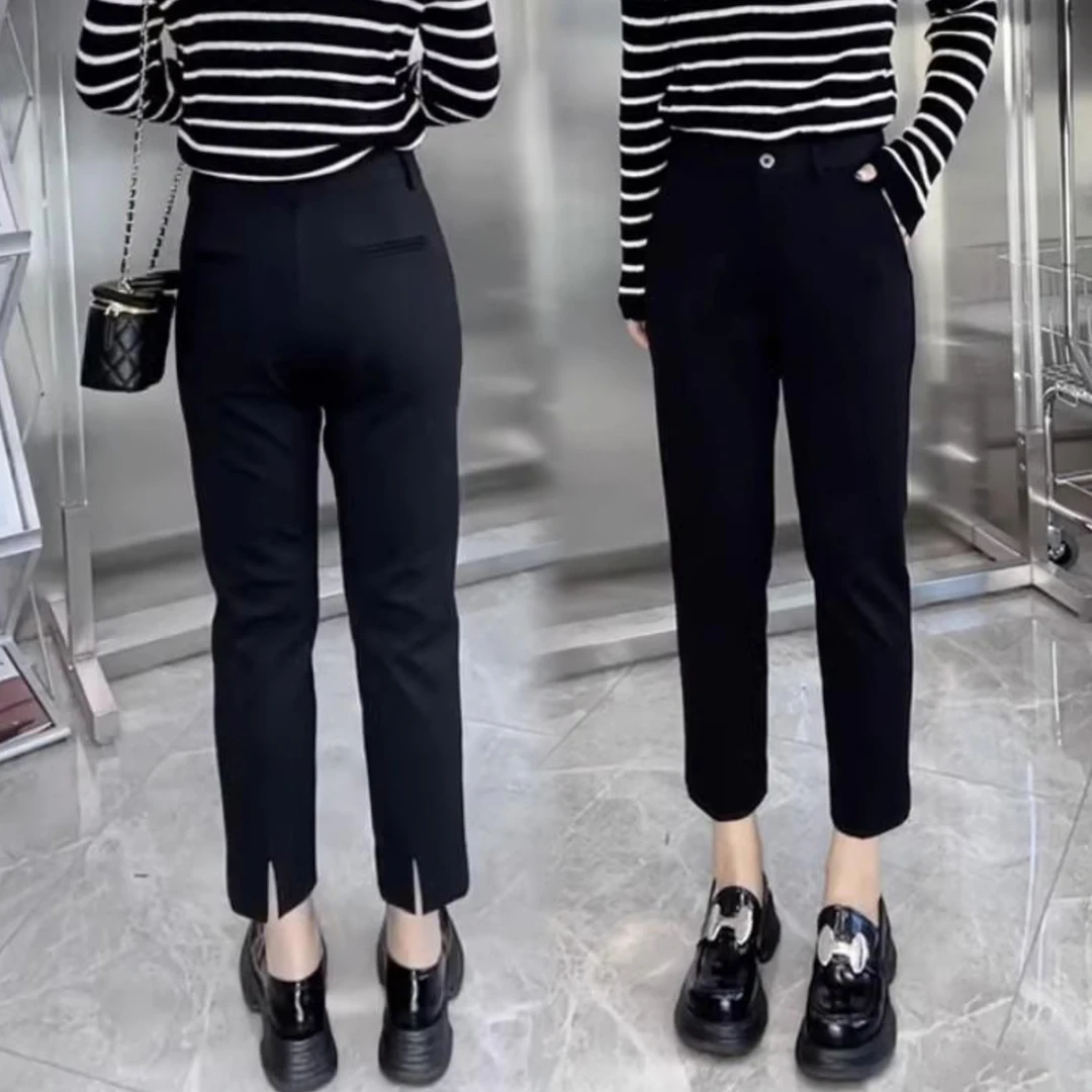 春秋新款时尚黑色弹力百搭显瘦高腰直筒裤小黑裤后开叉烟筒裤西裤