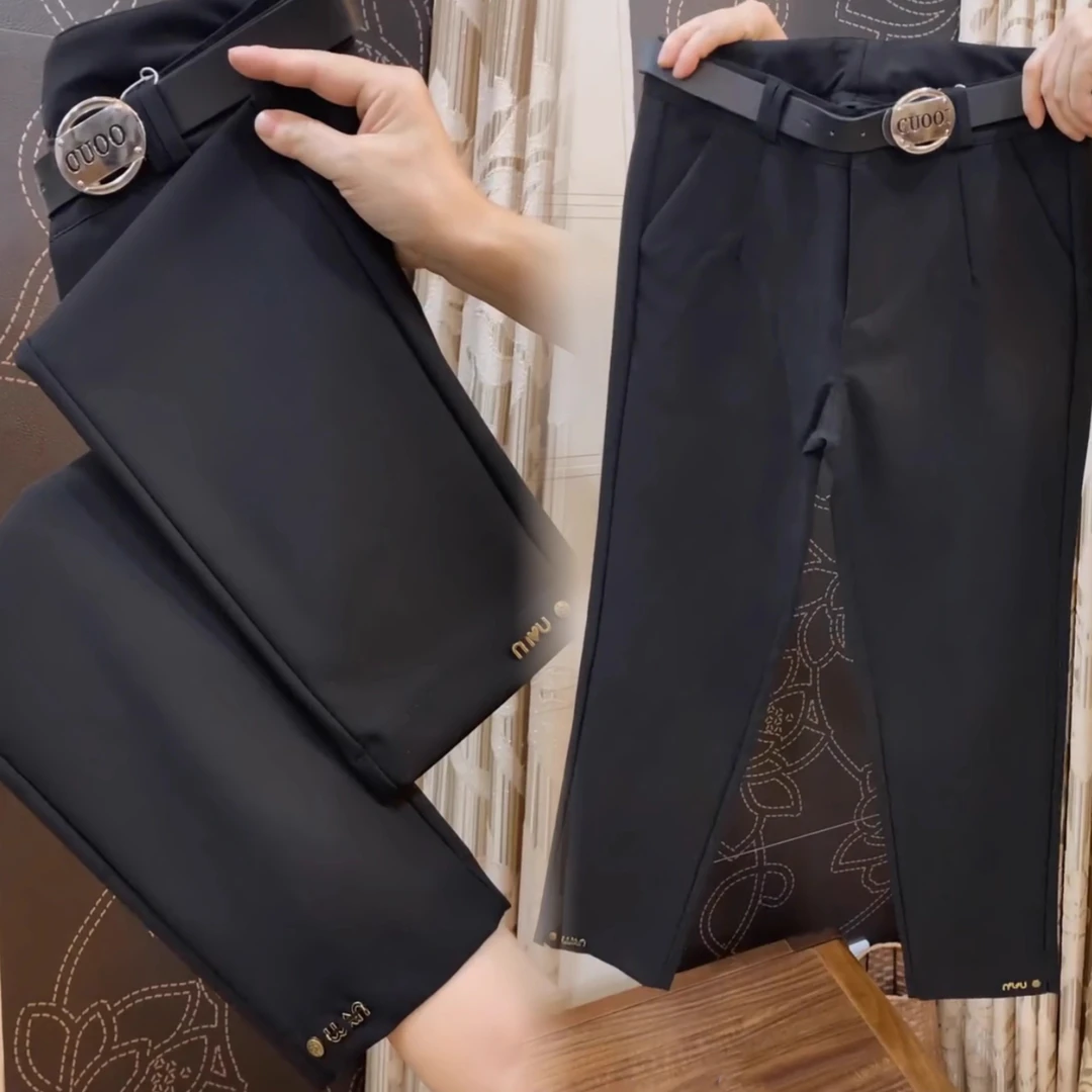 黑色直筒裤子女秋冬新款加绒西装裤子时尚百搭九分裤烟管裤小黑裤