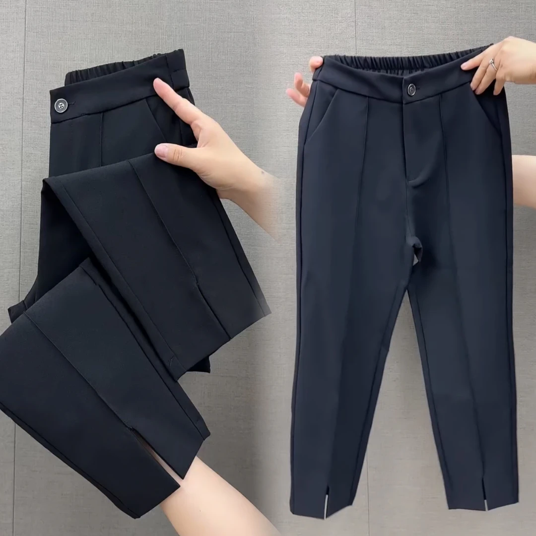 直筒裤女秋季新款显瘦百搭裤脚前开叉小黑裤直筒裤九分裤小西裤潮