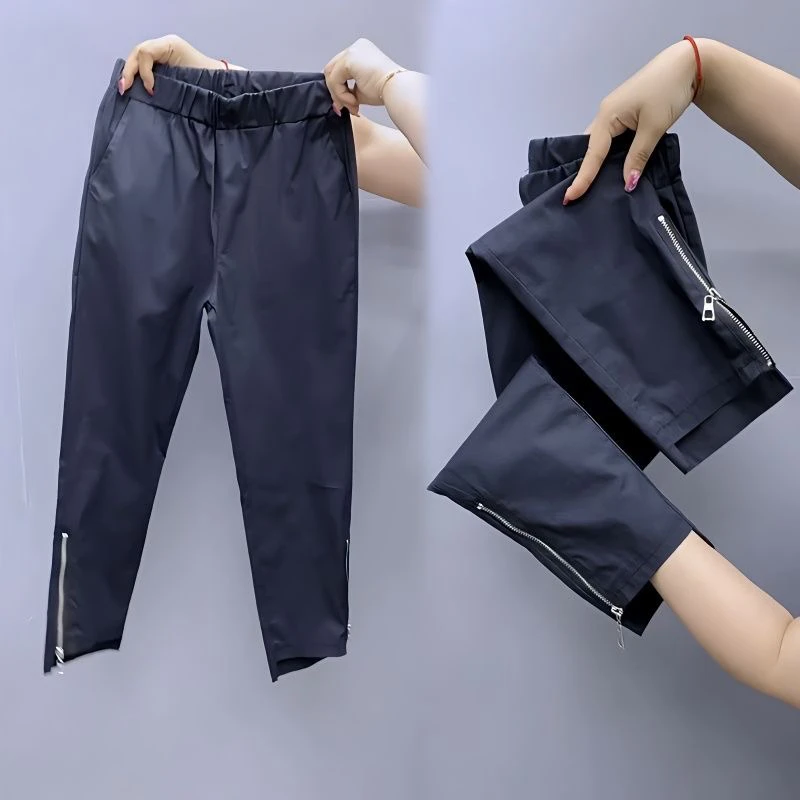 拉链纸皮裤女八分裤宽松夏季薄款修身直筒裤弹力空调裤速干面膜裤