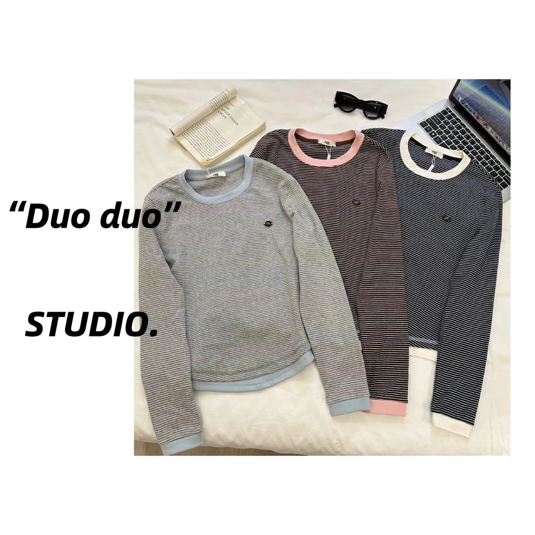 敲韩万能打底 - E*g韩国鸡蛋撞色经典条纹打底衫韩系穿搭长袖女秋