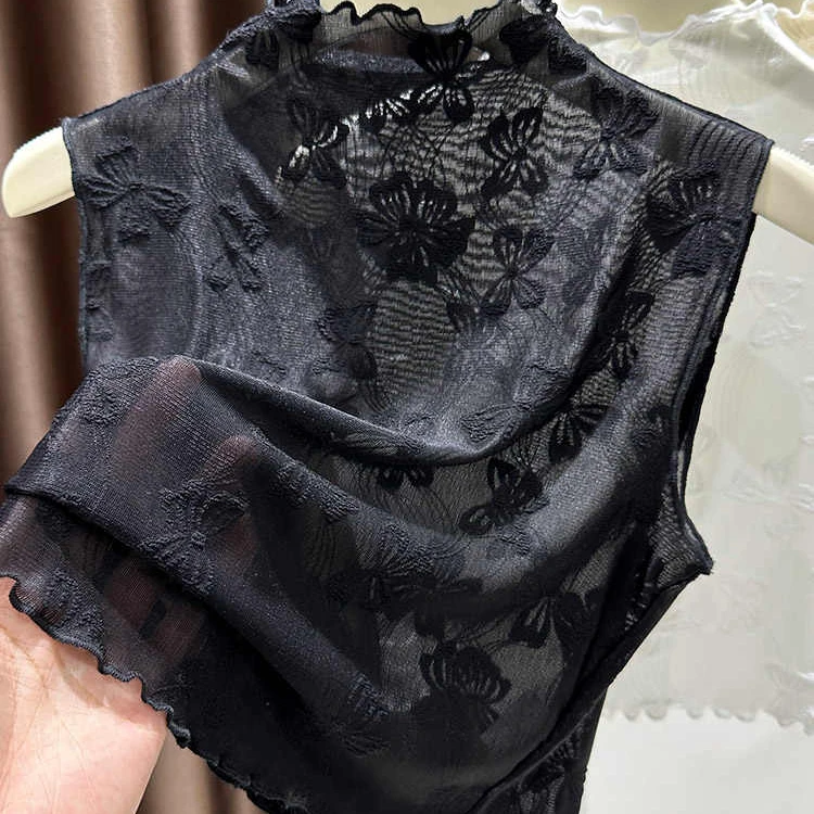 半高领蕾丝叠穿打底衫女秋冬木耳无袖背心内搭薄款网纱假领子百搭