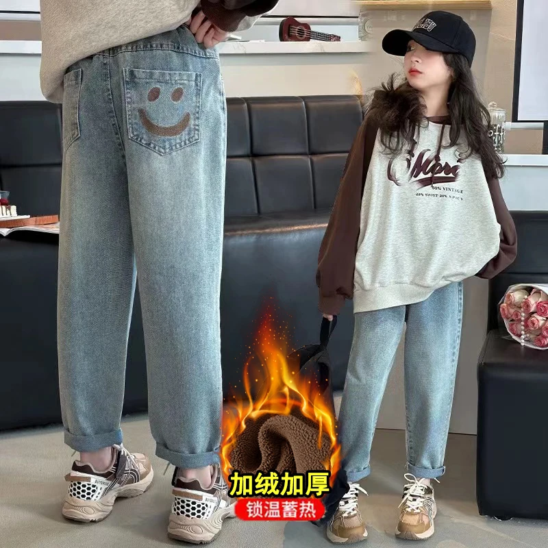 女童冬装加绒牛仔裤2025新款洋气儿童秋冬款加厚裤子小女孩休闲裤