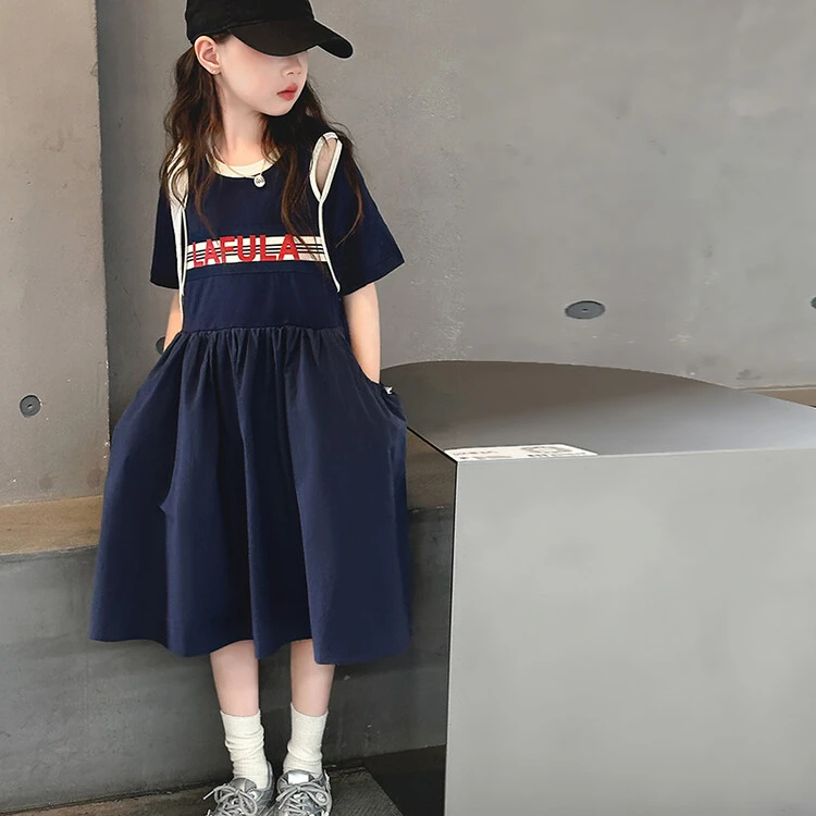 「麦哆哆」120-170女童中大童夏季韩版洋气字母露肩拼接连衣裙潮