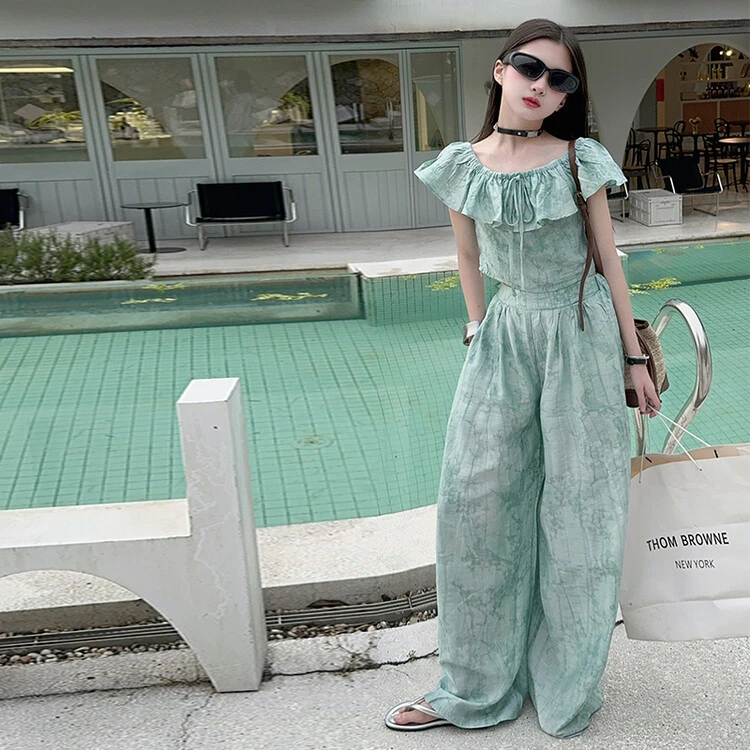「麦哆哆」120-170女童中大童夏季洋气气质提花荷叶边阔腿裤套装潮