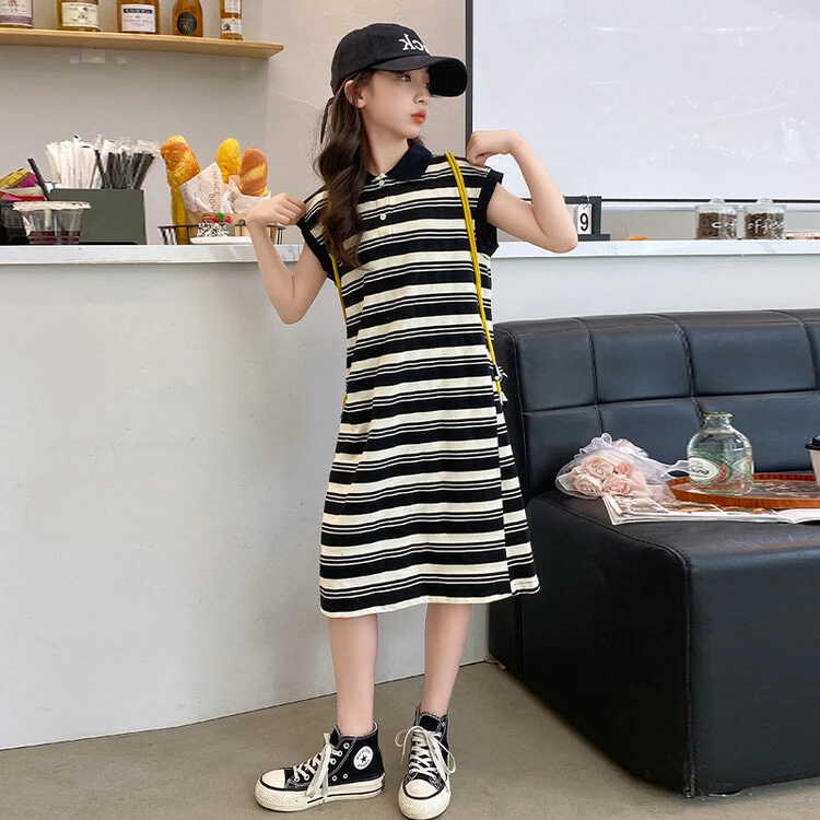 「麦哆哆」120-170女童中大童夏季韩版时髦条纹百搭polo领连衣裙