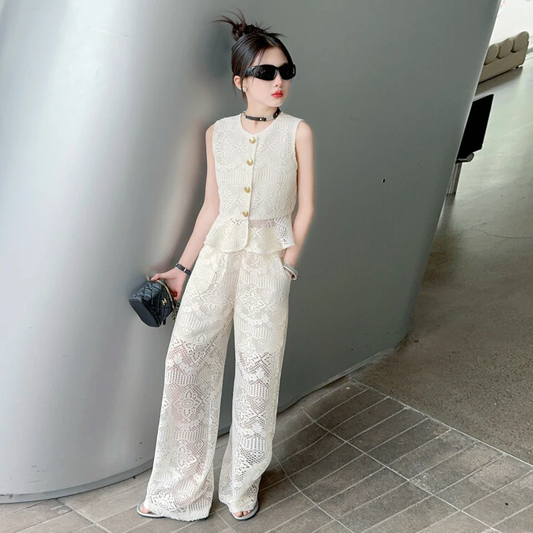 「麦哆哆」120-170女童中大童夏季高级感温柔风蕾丝钩花镂空套装潮