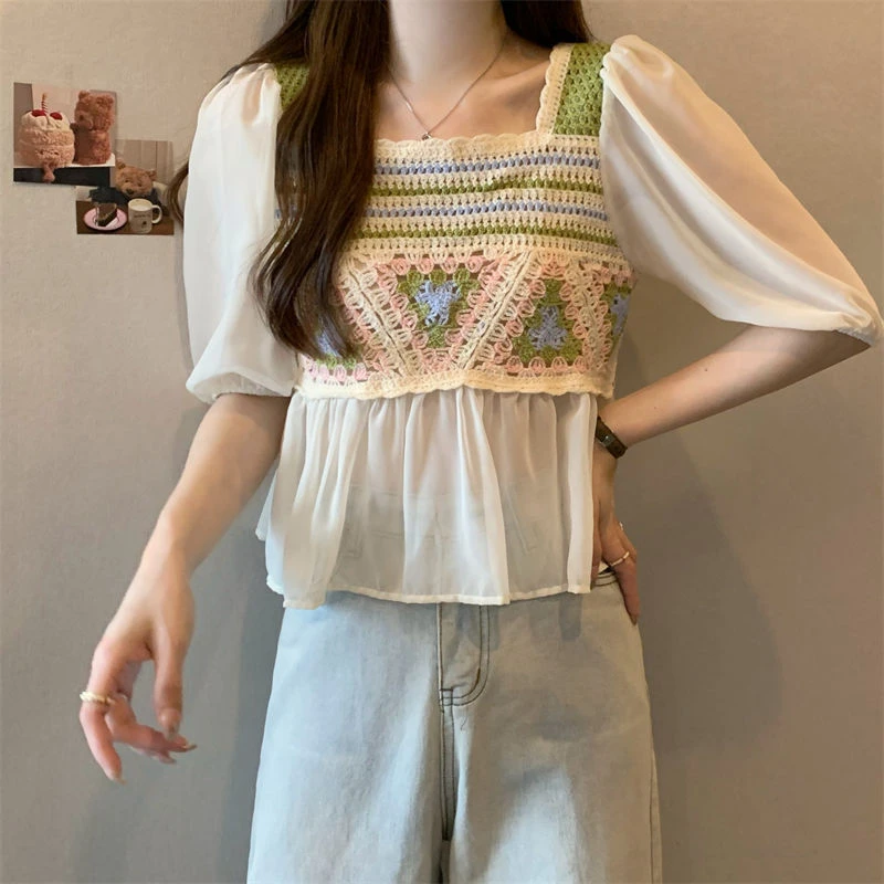 夏季新版韩风方领设计感钩花镂空拼接小众超仙小众炸街高级感女装