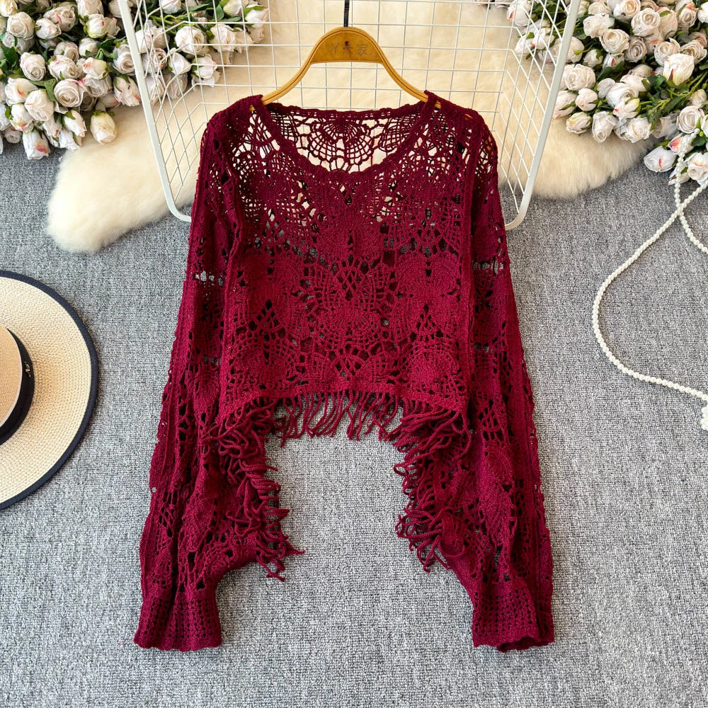 镂空长袖针织罩衫女早秋新款法式设计感流苏上衣小众漂亮防晒小衫
