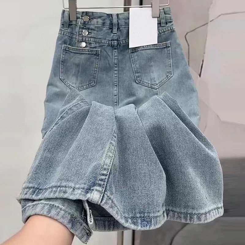 高腰前开叉牛仔半身裙女高个子夏季复古别致百搭A字包臀中长裙女