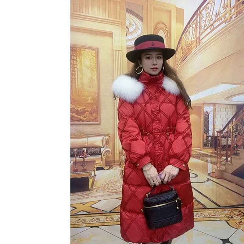 240903007新羽绒服红色气质大毛领设计时尚洋气连帽显瘦