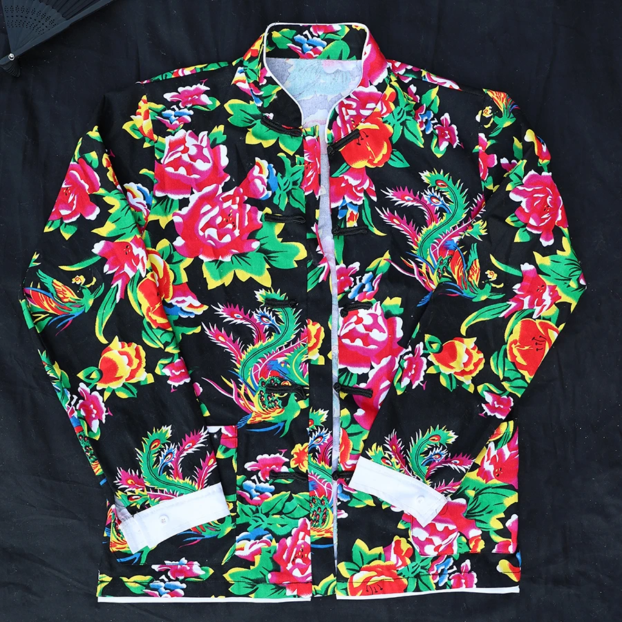 男士唐装休闲印花春秋上衣长袖青年中国风舞台时尚情侣大花薄款