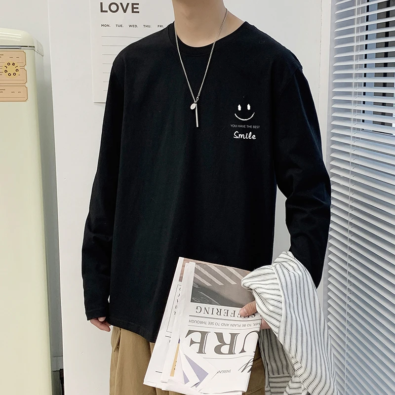 【M-6XL】棉长袖T恤四季可穿圆领百搭笑脸印花男上衣秋装打底衫3322