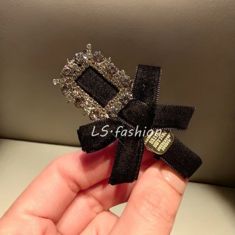 黑色蝴蝶结丝绒发夹女高j感水钻发卡刘海夹碎发侧边夹超闪鸭嘴夹