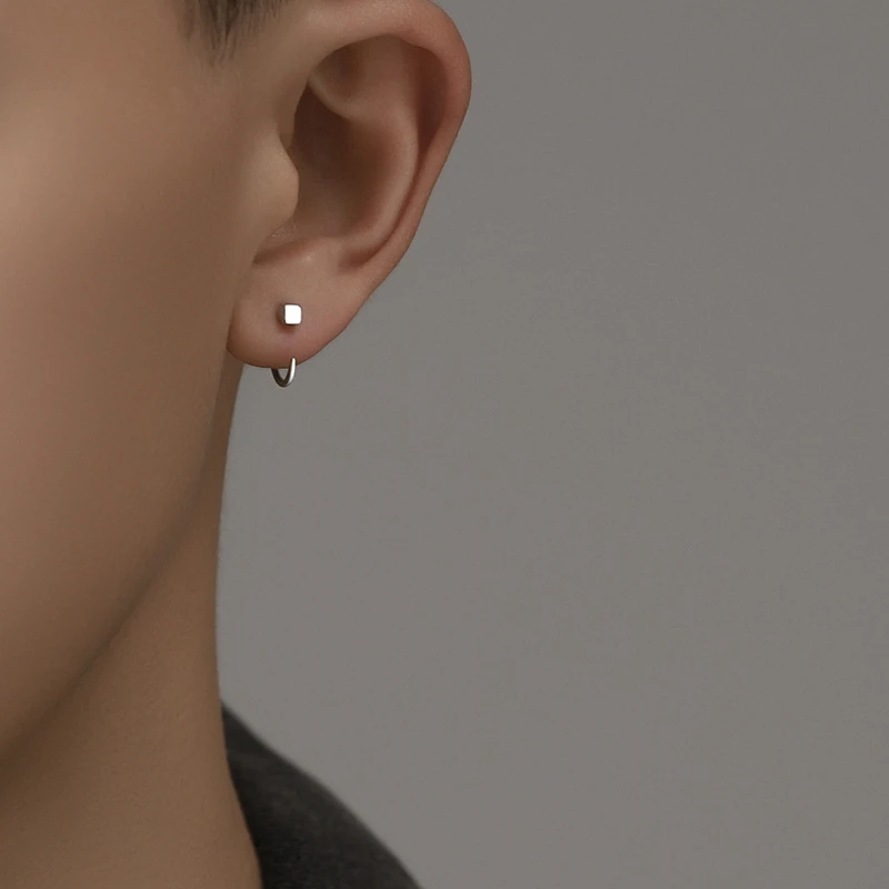 925银耳饰 2024新款养耳洞方块设计感小众单只潮流男士高级耳环