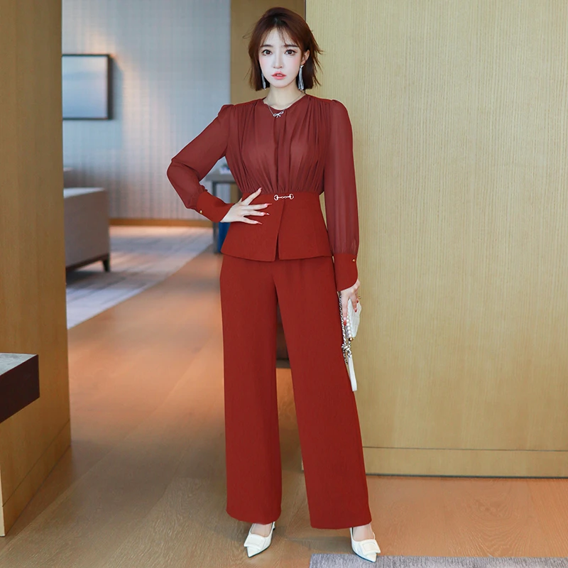 MIUCO气质OL立体褶皱拼接开叉廓形下摆上衣+高腰阔腿裤套装