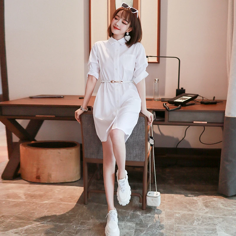 【现货】MIUCO简约气质翻领腰带收腰五分袖衬衫连衣裙