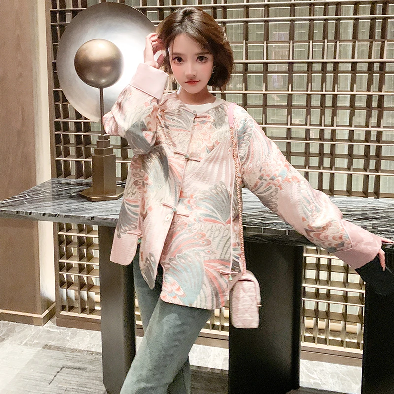 MIUCO新中式国风云锦提花粉色盘扣开叉富贵大小姐宽松外套