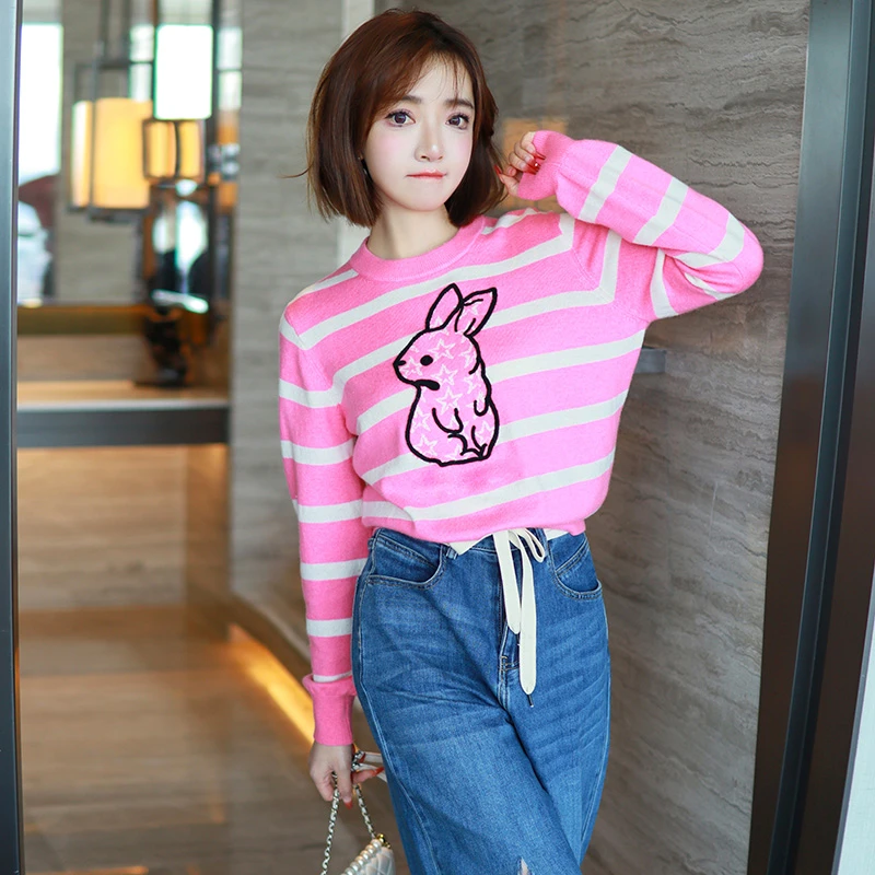 MIUCO少女感粉白条纹兔子绣花混织软糯针织衫女【现货】